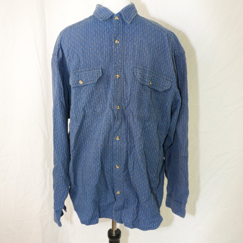 100% Cotton Zeppelin Mens XL Long Sleeve Button Down Western Blue Tan Two Pocket